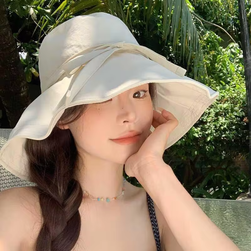 Women Lace-up Bowknot Sunscreen Fisherman Hat Large Brim Summer Anti-UV Strap Bucket Caps Korean Girl Travel Beach Basin Caps