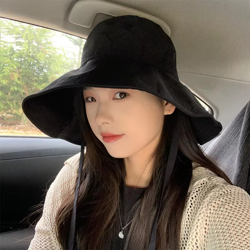 Women Lace-up Bowknot Sunscreen Fisherman Hat Large Brim Summer Anti-UV Strap Bucket Caps Korean Girl Travel Beach Basin Caps