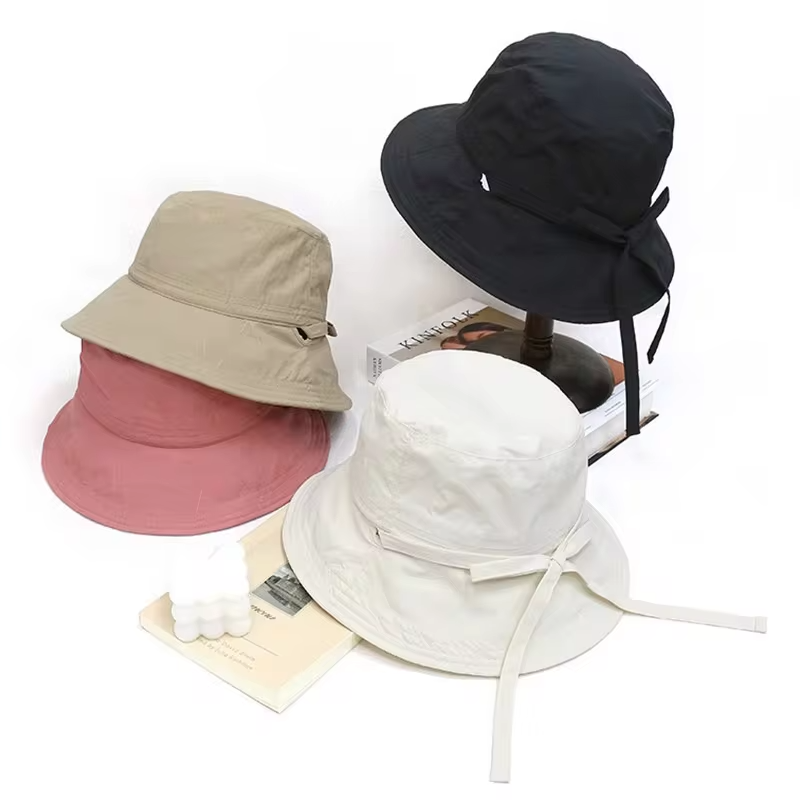 Women Lace-up Bowknot Sunscreen Fisherman Hat Large Brim Summer Anti-UV Strap Bucket Caps Korean Girl Travel Beach Basin Caps