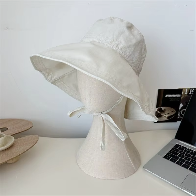 Women Lace-up Bowknot Sunscreen Fisherman Hat Large Brim Summer Anti-UV Strap Bucket Caps Korean Girl Travel Beach Basin Caps