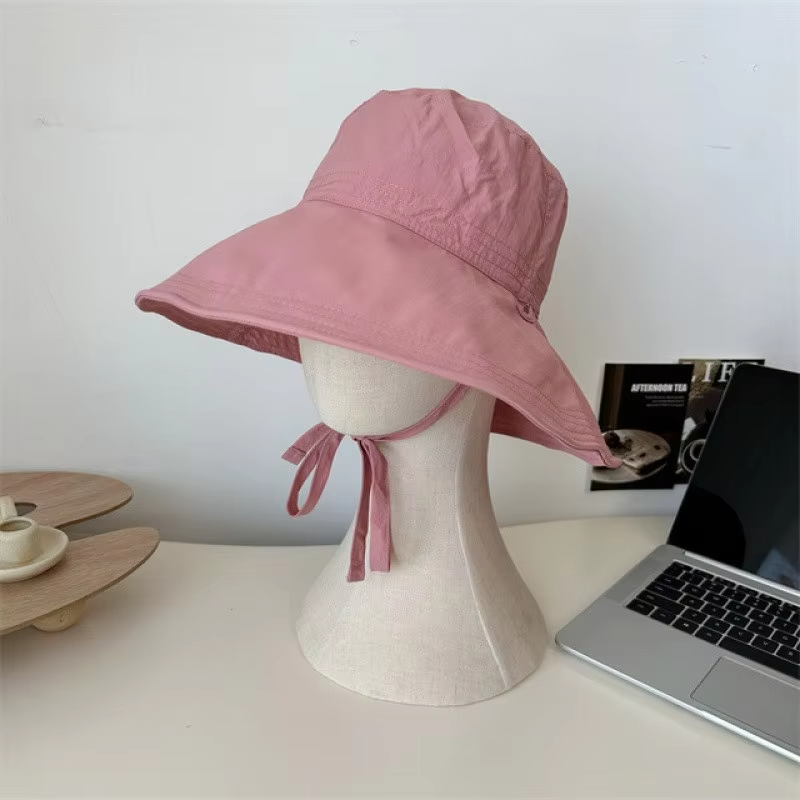 Women Lace-up Bowknot Sunscreen Fisherman Hat Large Brim Summer Anti-UV Strap Bucket Caps Korean Girl Travel Beach Basin Caps